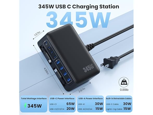 345W USB C 10 in 1 Retractable Wall Charger