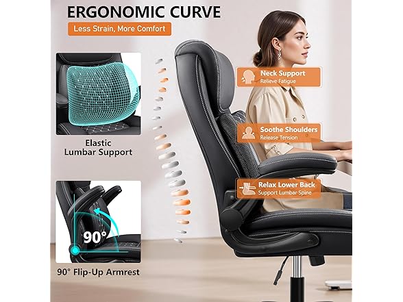 BESTFAIR Office Chair, Ergonomic Computer Desk Chairs with Lumbar Support for Lower Back Pain Relief, Executive Leather Home Chair Comfy with Padded Flip-up Armrests, Black (Open Box)