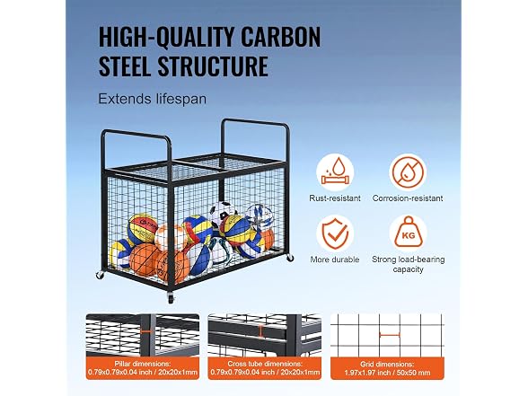 Rolling Sports Ball Storage Cart, Lockable