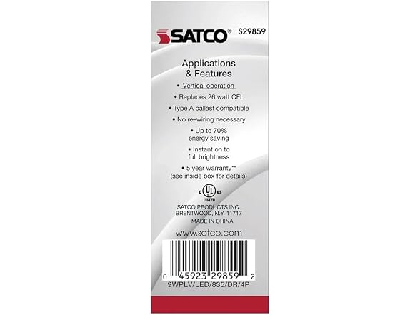Satco S29859 9W LED PL 4-Pin Light Bulb