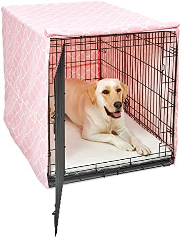 New World Large Dog Crate Cover Featuring Teflon Fabric Protector, Poly-Cotton Privacy Kennel Cover Fits Most 42-inch Crates, Pink Designer Print, Machine Washable, Reduces Barking