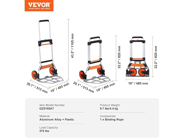 Folding Hand Truck, 275 lbs Load Capacity