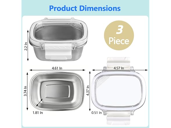 Stainless Steel Food Storage Containers with Lids - 3 Piece 8.5