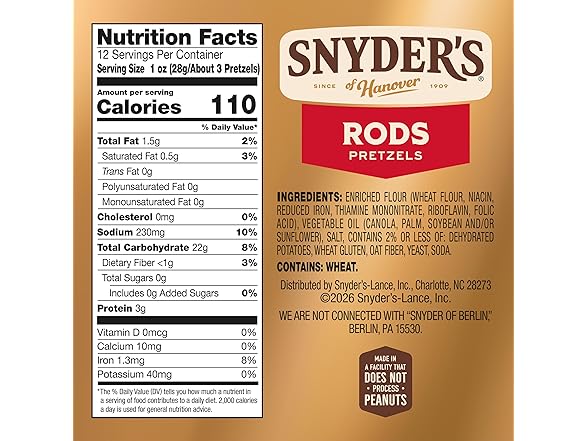 Snyder's of Hanover, Pretzel Rods, 12 Oz