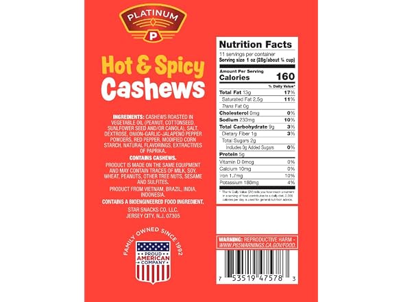 Platinum’s Hot & Spicy Cashews, 11 Oz