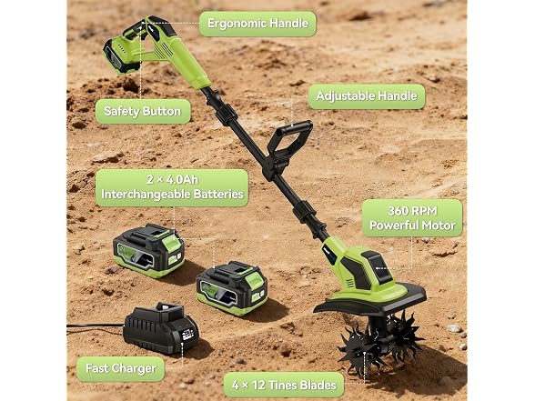 Endutools Cordless Tiller Cultivator Green