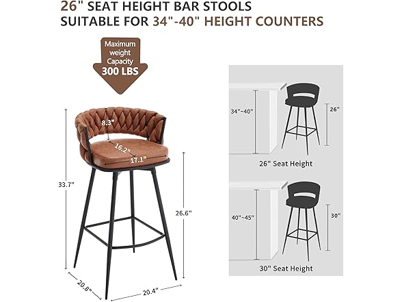 BV Counter Height Bar Stools Set of 2, 26 inch Seat Height Bar Stools, 180° Swivel Barstools with Woven Back and Footrest, Suede Fabric Counter Stools for Kitchen Island, Bar Pub (Open Box)