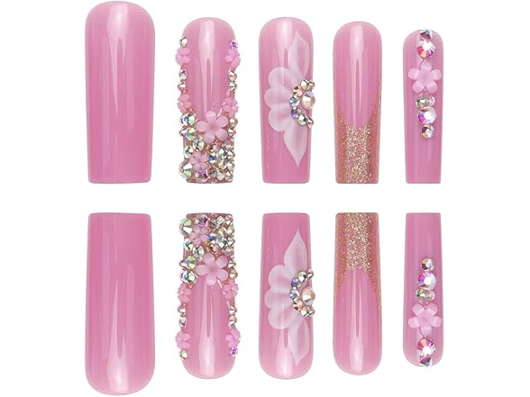 geyakal Long Press on Nails Square Pink Fake 