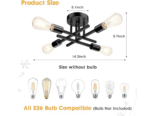 TOBUSA 4-Light Black Ceiling Light