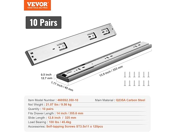 VEVOR 10 Pairs of 14 Inch Drawer Slides Side Mount Rails