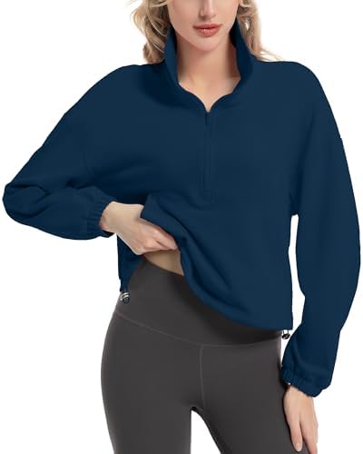 FKEEP Quarter Zip Pullover Women Cropped Sweatshirt Long Sleeve Crop Top Stand Collar Drawstring Casual Pullover zDeep Blue S