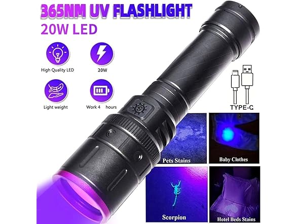 365nm UV Blacklight 20W USB-C Recharg