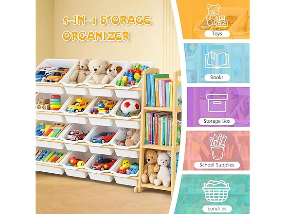 Etitlly Kids Toy Storage Organizer with Bookshelf – Wooden Shelf with 16 Bins & 3 Shelves, Quick Assembly Storage Rack for Playroom, Bedroom, Nursery - White (Open Box)
