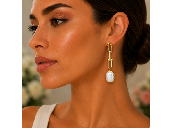 18K Gold Pearl Link Drop Earrings