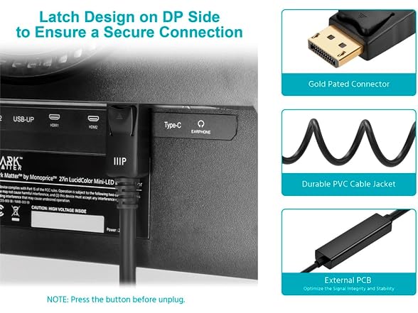 Monoprice USB-C to DisplayPort 1.4 Cable - 8K60 4K120 32.4Gbps HBR3 HDR 3ft Black