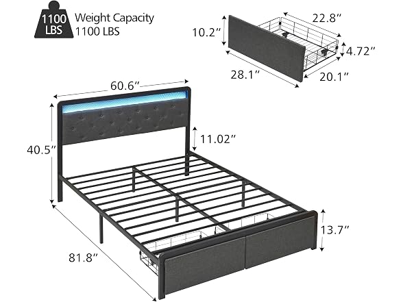 Queen Bed Frame w/ 2 Drawers, LED Light