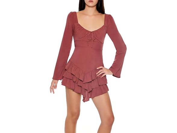 Forever 21 (S) Tiered Bell-Sleeve Dress Chestnut