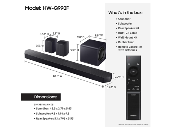 (NEW) Samsung HW-Q990F 11.1.4ch Dolby ATMOS Soundbar w/Subwoofer