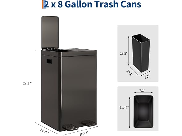 Takywep Dual Compartment Kitchen Trash Can - 2×8 Gallon 