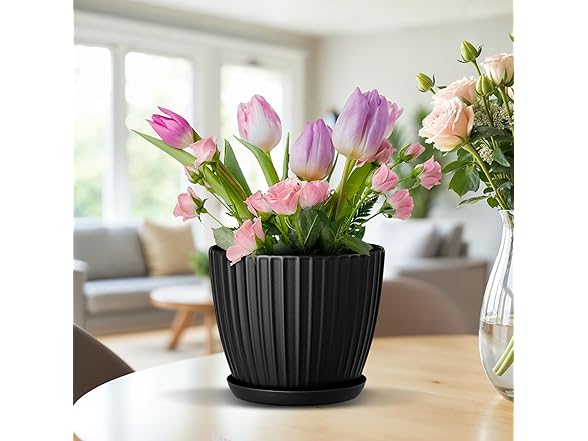 Lifemaster Black 6-Inch Plant Pots with Drainage & Saucers 24 Pack