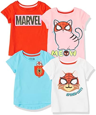 Amazon Essentials Disney | Marvel | Star Wars | Frozen | Princess Girls' Short-Sleeve T-Shirts, Pack of 4, Marvel Spider-cat, X-Large