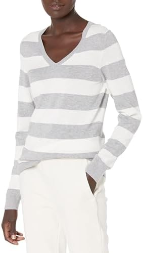 Amazon Essentials Women's Regular-Fit Lightweight Long-Sleeve V-Neck Sweater (Available in Plus Size), Light Grey Heather White Rugby Stripe, Medium