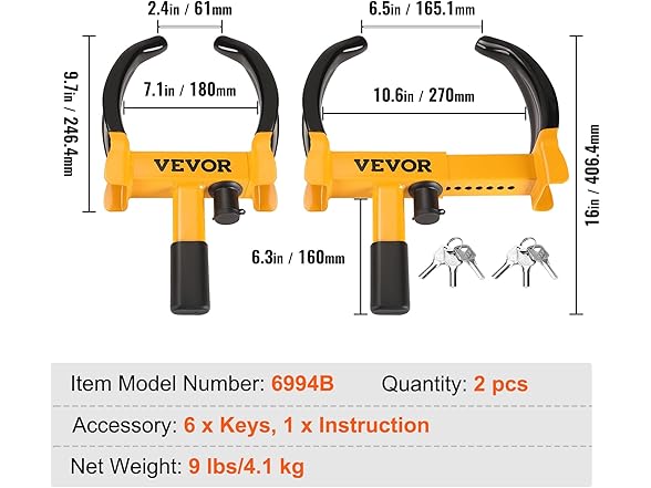 VEVOR 2 Packs Universal Wheel Clamp Lock