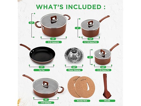 NutriChef 16pcs Brown Stackable Pots and Pans Set