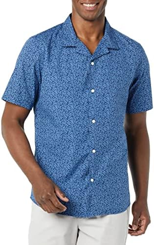 Amazon Essentials Men's Vacation Cotton Button-Down Resort Shirt, Short Sleeve, Indigo Palm Leaf Print, XX-Large