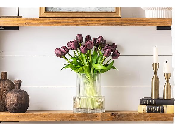 Purple Tulips with Vase Ribbed Glass