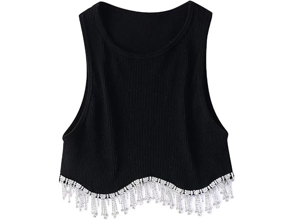 Lauweion Women (L) Rhinestones Tassel Crop Top Top