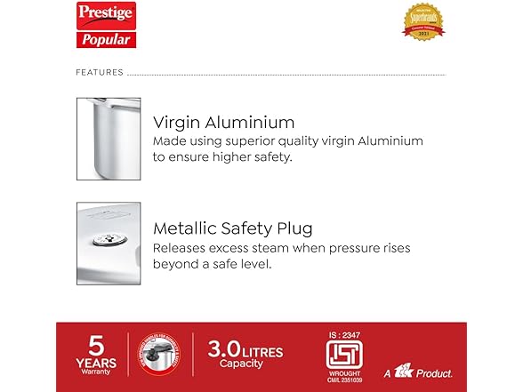 Prestige Pressure Cooker, 3 Liter, Silver, Aluminum