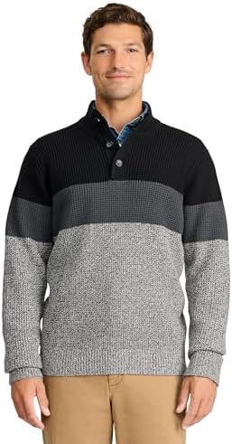 IZOD Men's Button Mock Sweater, Black Color Block