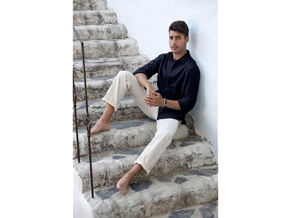 Runcati Men (M) Button Down Shirt Linen Long Tops