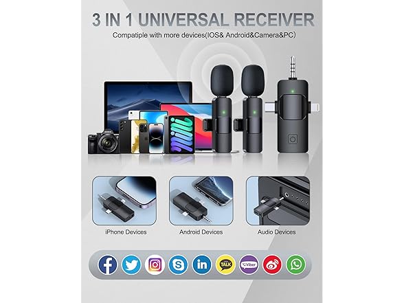 PQRQP 3 in 1 Professional Wireless Lavalier Microphone