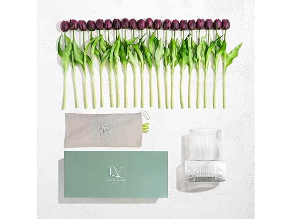 Purple Tulips with Vase Ribbed Glass