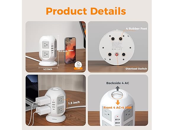 TESSAN 10ft Cord Power Tower (8 Outlets, 1 USB-C, 3 USB-A)