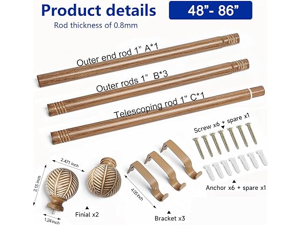 UNCONSIL Wood Grain Leaf Curtain Rod 1"