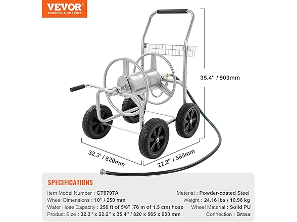 VEVOR Hose Reel Cart - 250 ft Hose