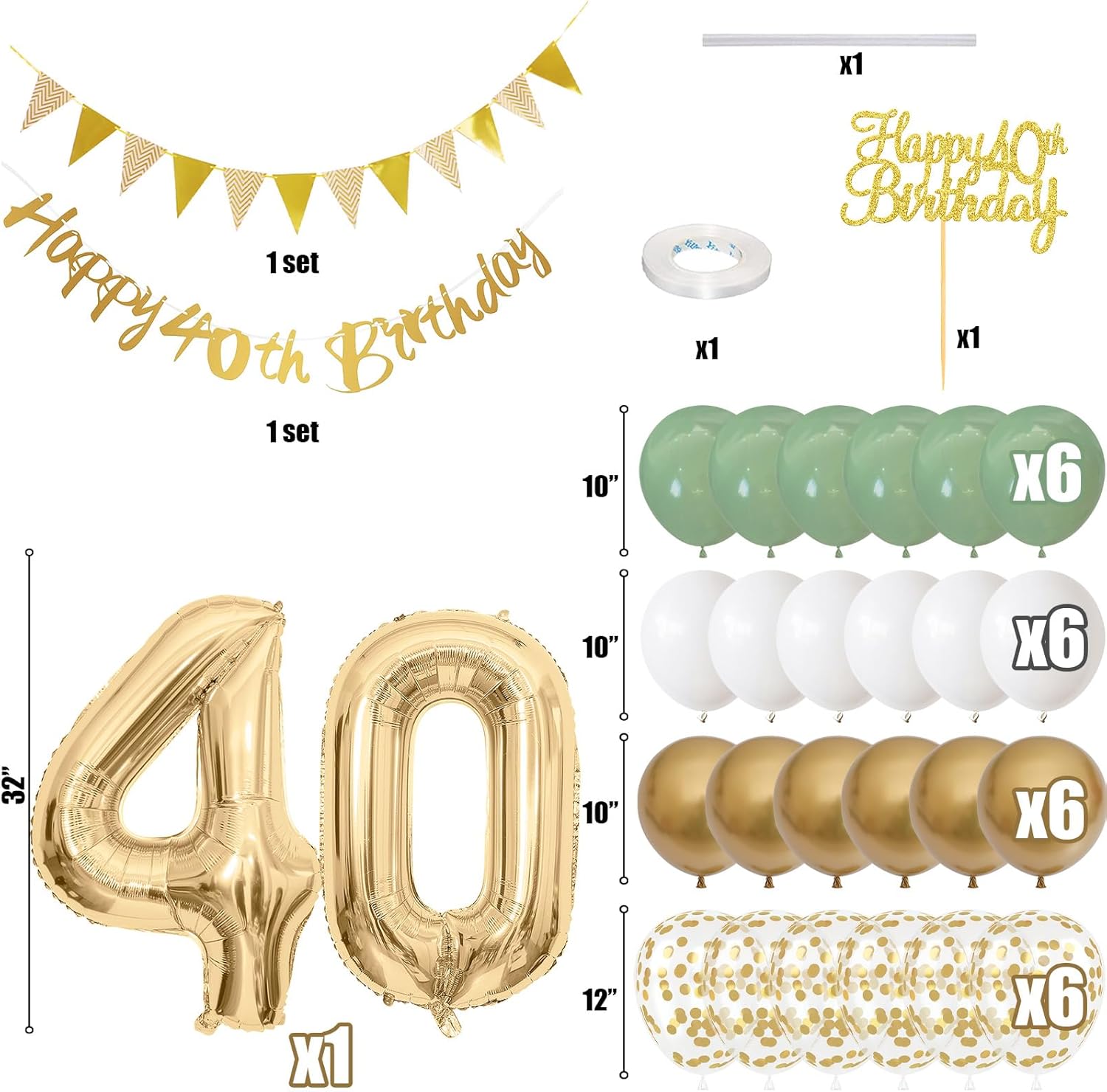 40th Birthday Balloon Set Sage & Gold - Gallery 6
