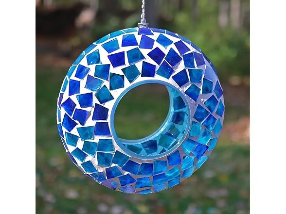 Sunnydaze 6-Inch Glass Mosaic Hanging Bird Feeder, Blue Mosaic