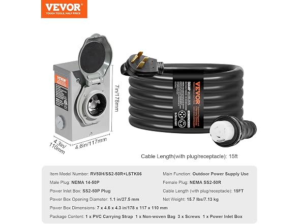 50 Amp Generator Cord and Power Inlet Box Kit