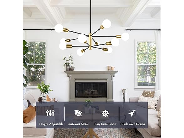 BesLowe 10-Light Modern Sputnik Chandelier, Black & Gold