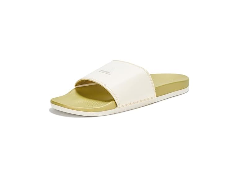 adidas Unisex Adilette Comfort Slide Sandal, White/White/Gold Metallic, 13 US Men