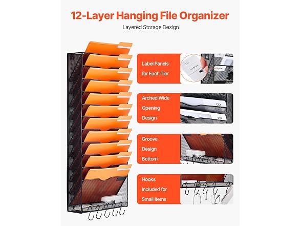 File Wall Rack, One-Piece 12 Pockets Mesh Wall
