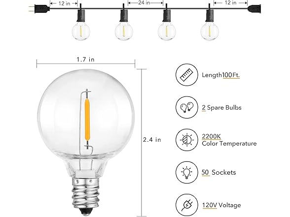 Brightown Outdoor String Lights, 100FT 50+2 G40 Bulbs