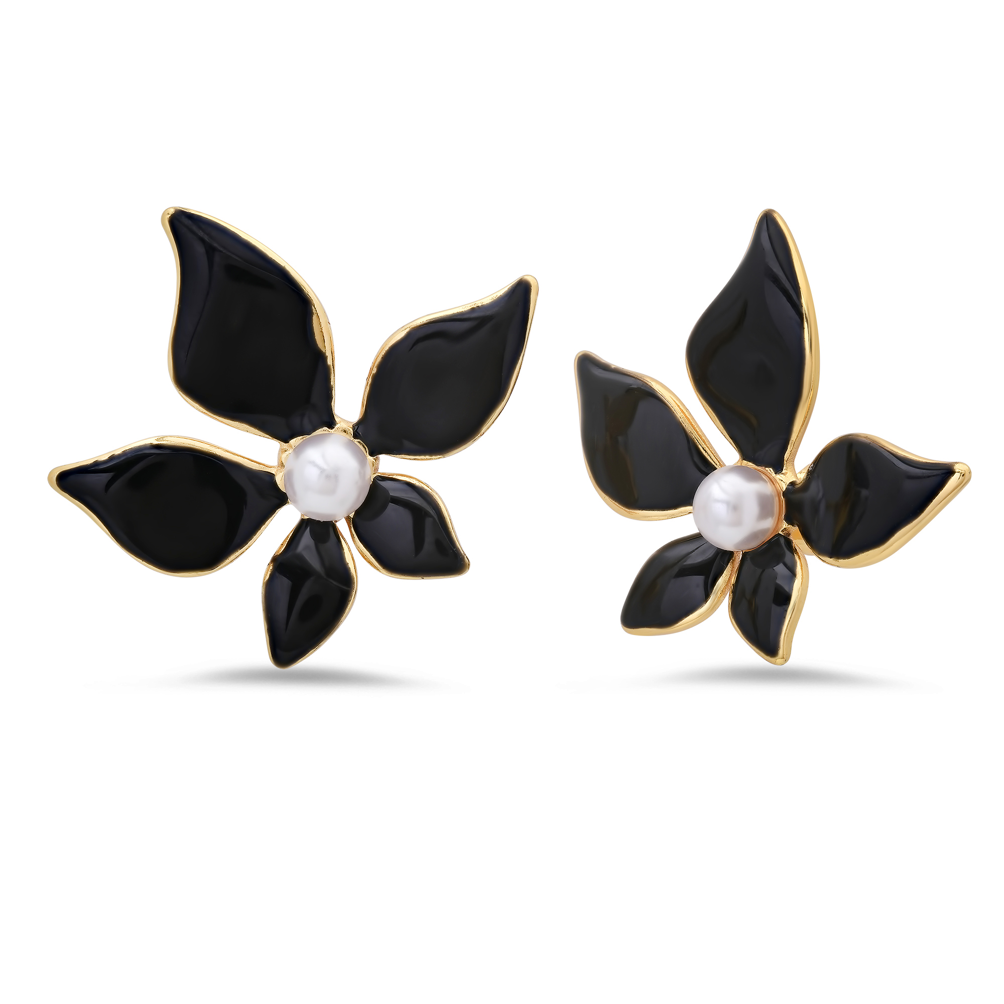 18K Gold Black Flower Pearl Studs - Gallery 4