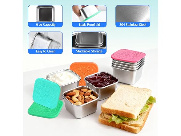 WAWINY 6 Pack Stainless Steel Snack Containers - 6oz