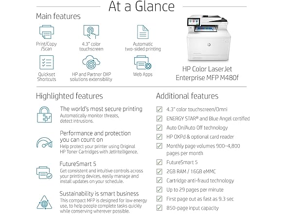 HP Color LaserJet Enterprise M480f Multifunction Duplex Printer, Print, scan, Copy, Fast speeds, Easy Setup, Advanced Security, Best for Small Teams, Ethernet/USB only (3QA55A) (Open Box)