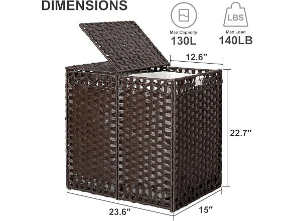 130L Foldable Laundry Hamper with Lid - Handwoven Rattan